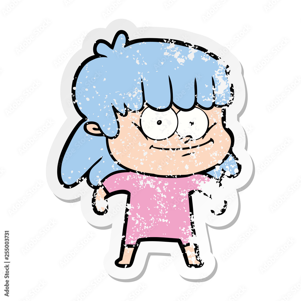 distressed sticker of a cartoon smiling woman distressed sticker of a cartoon smiling woman