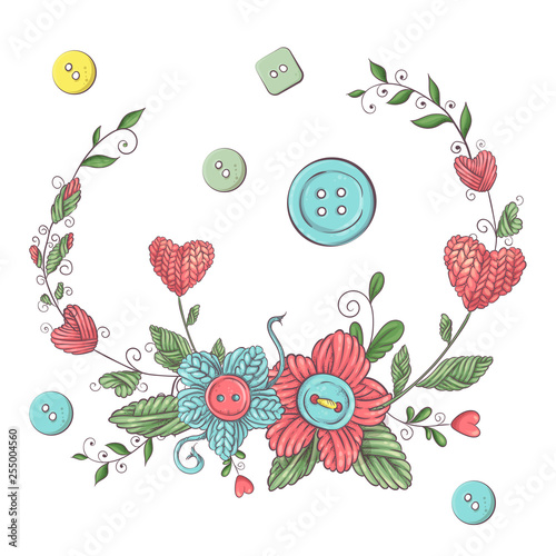 Simple illustration with knitting needle, knitting and english text. I love knitting, poster design. Colorful background.