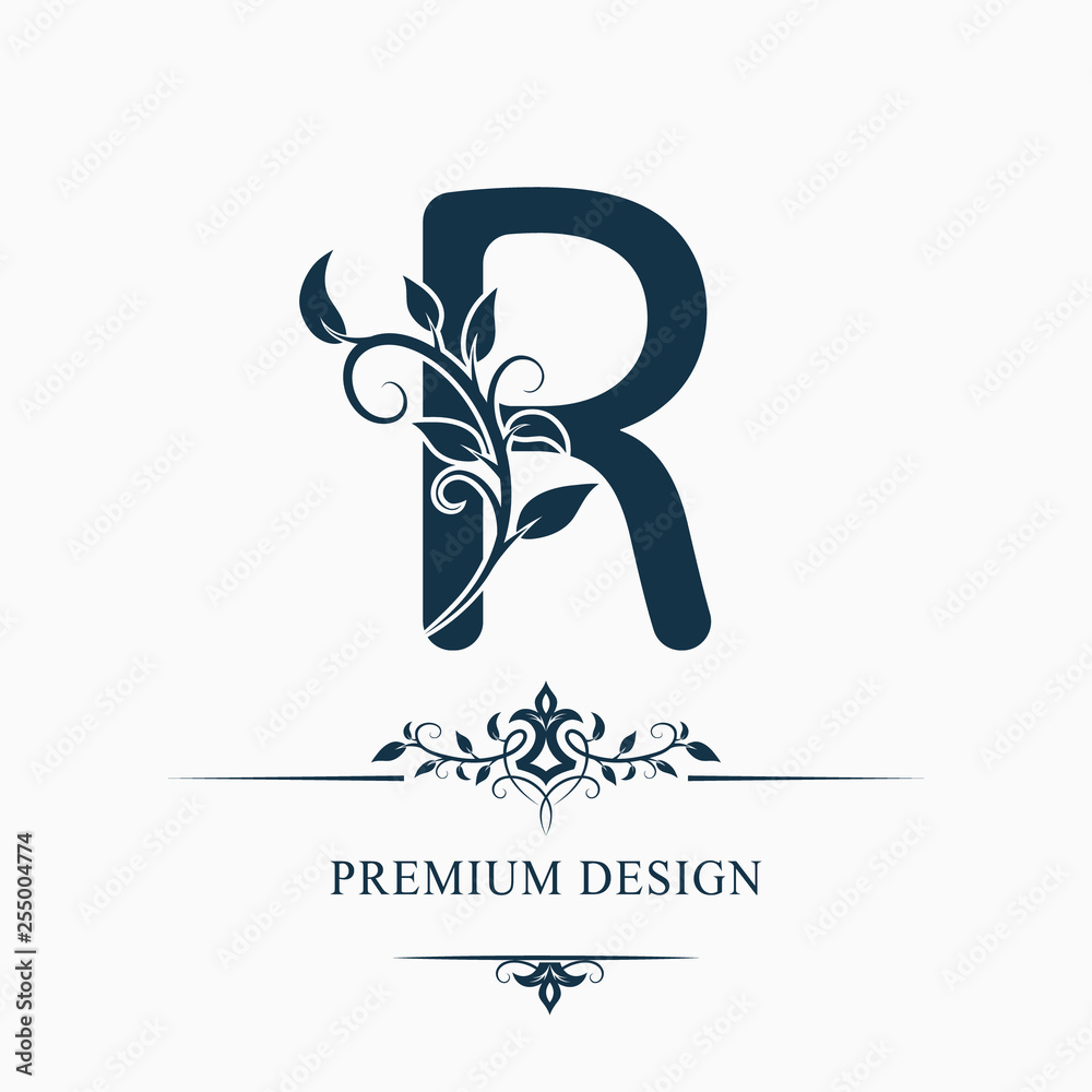 Decorative R Initial Luxury Capital Letter R. Decorative Floral Monogram. Branch with Leaves ...
