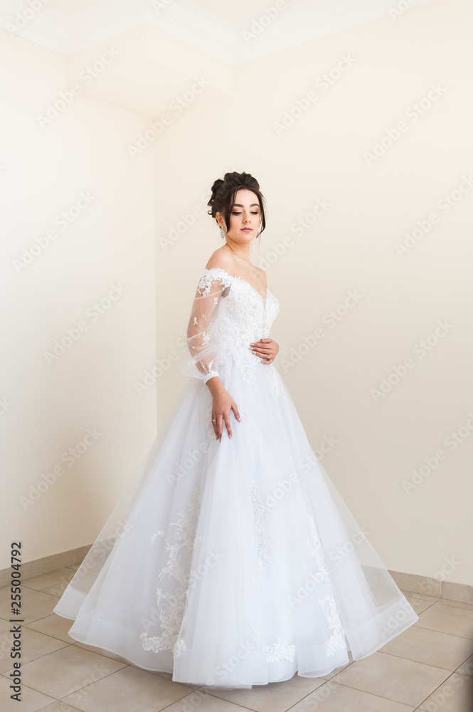 Beautiful bride wearing fashion wedding dress with feathers with luxury delight make-up and hairstyle studio indoor photo shoot Beautiful bride wearing fashion wedding dress with feathers with luxury delight make-up and hairstyle studio indoor photo shoot