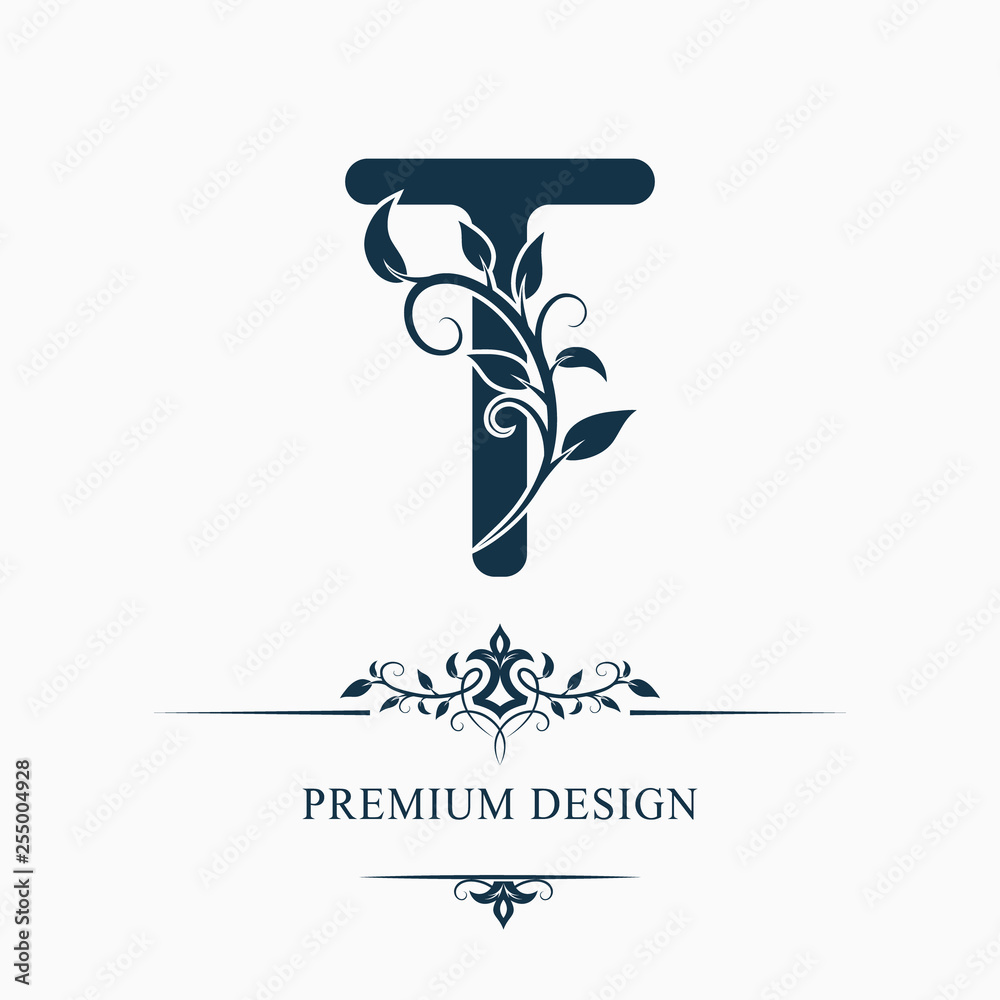 Luxury Capital Letter T. Decorative Floral Monogram. Branch with Leaves ...