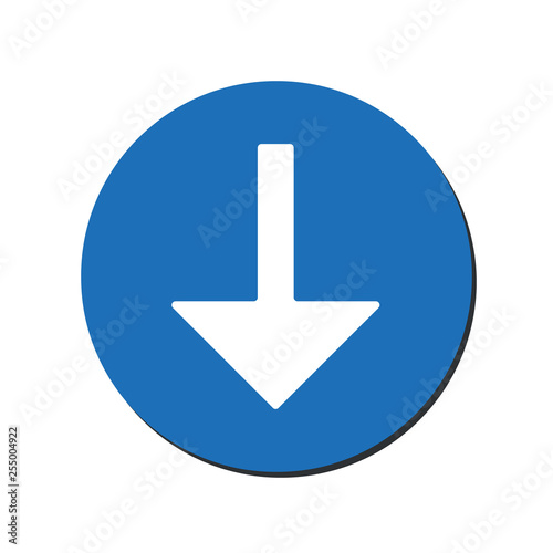 Arrow Down vector icon. This rounded flat symbol is drawn with white color on a blue background.