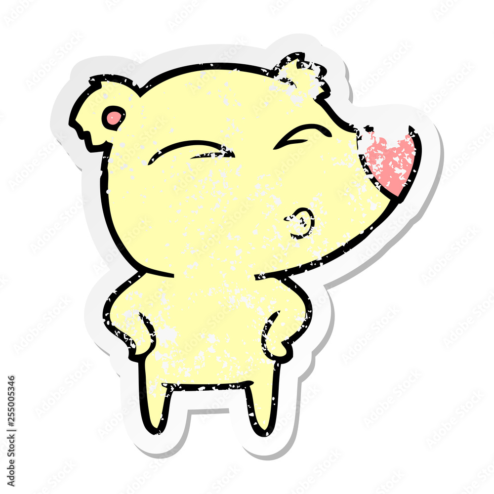 distressed sticker of a cartoon whistling bear distressed sticker of a cartoon whistling bear