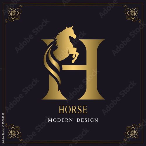 Capital Letter H with a Horse. Royal Logo. King Stallion in Jump. Racehorse Head Profile. Gold Monogram on Black Background with Border. Stylish Graphic Template Design. Tattoo. Vector illustration