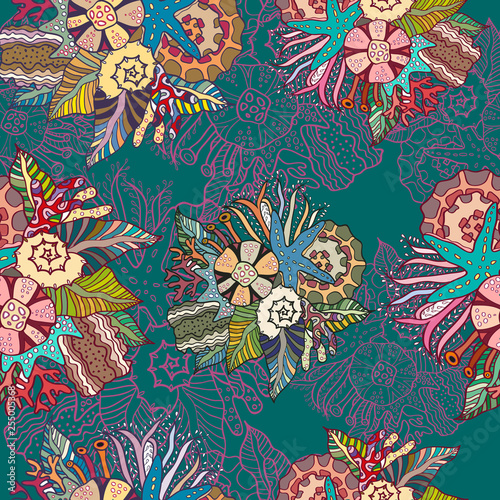 Ocean and sea vector seamless pattern on blue background with seashells, starfishes and sea plants. Good for product design for example cosmetic brands.