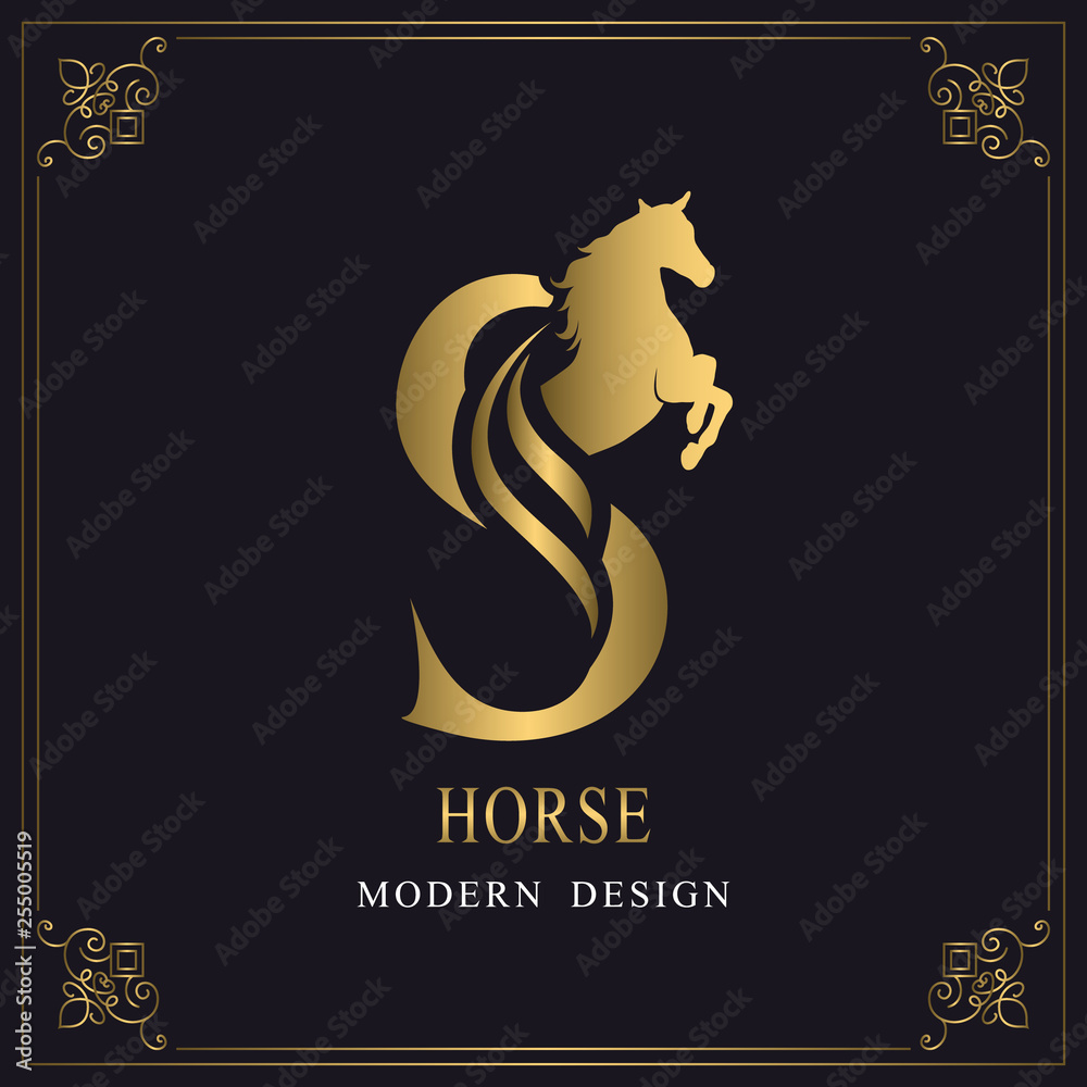 Capital Letter S with a Horse. Royal Logo. King Stallion in Jump. Racehorse Head Profile. Gold Monogram on Black Background with Border. Stylish Graphic Template Design. Tattoo. Vector illustration Capital Letter S with a Horse. Royal Logo. King Stallion in Jump. Racehorse Head Profile. Gold Monogram on Black Background with Border. Stylish Graphic Template Design. Tattoo. Vector illustration