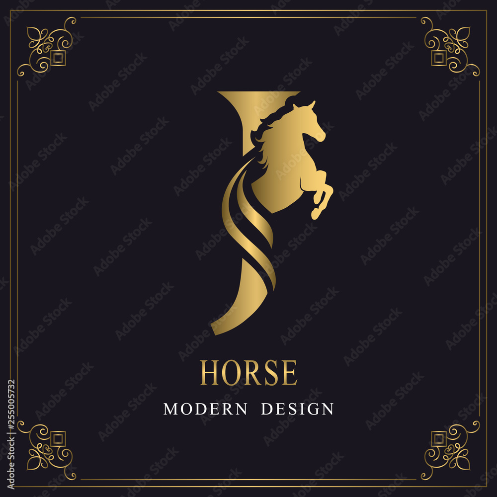 Capital Letter J with a Horse. Royal Logo. King Stallion in Jump. Racehorse  Head Profile. Gold Monogram on Black Background with Border. Stylish  Graphic Template Design. Tattoo. Vector illustration Stock Vector |