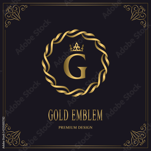Gold Emblem of the Weaving Circle. Letter G. Monogram Graceful Template. Simple Logo Design for Luxury Crest, Royalty, Business Card, Boutique, Hotel, Heraldic. Calligraphic Vintage Border. Vector