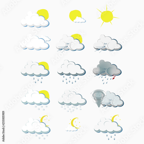 Clouds and sun icons set. Sun, cloud, rain symbols on sky Vector. Collection of Cloud, rain, sun logo template. For Weather forecast interface design. Season banners.
