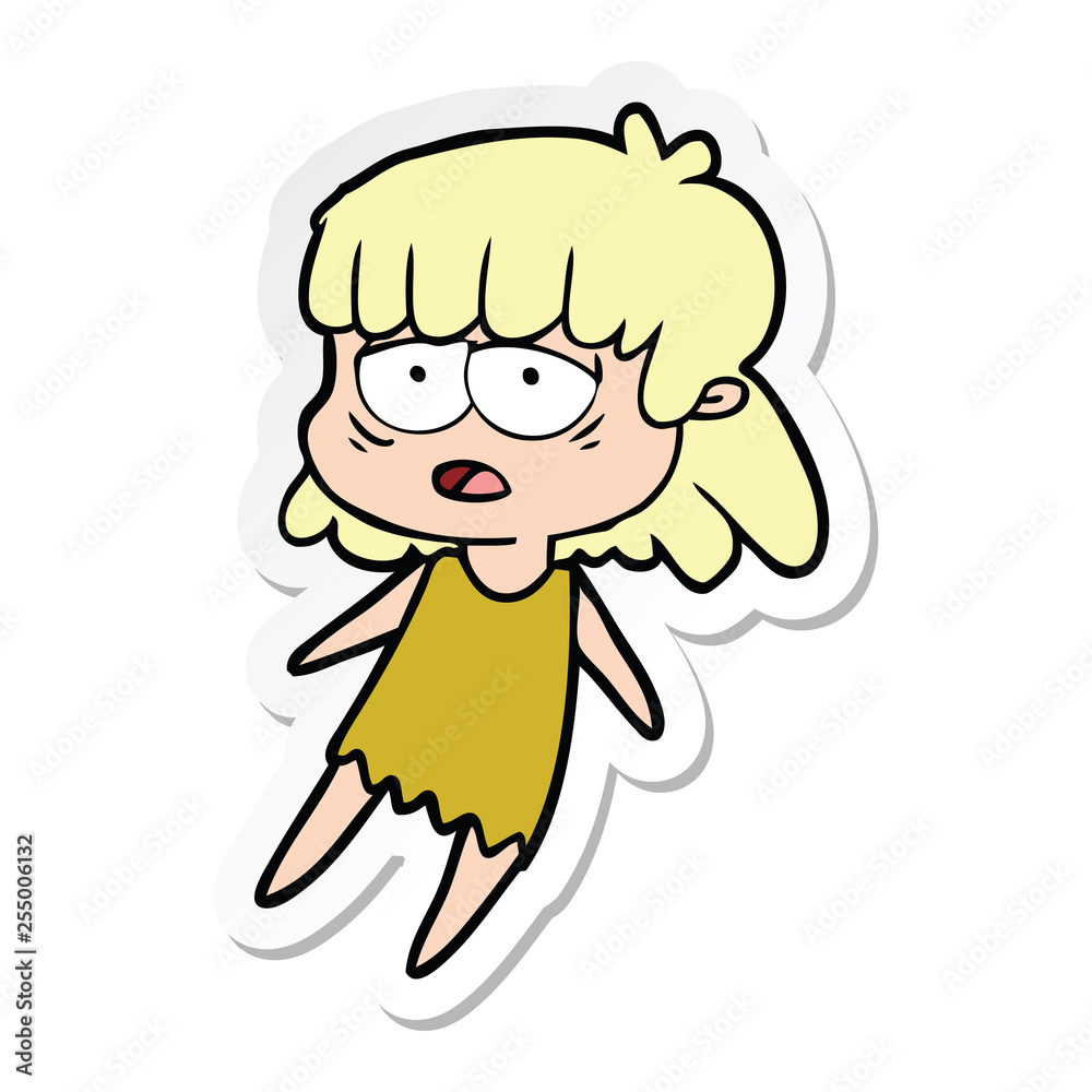 sticker of a cartoon tired woman sticker of a cartoon tired woman