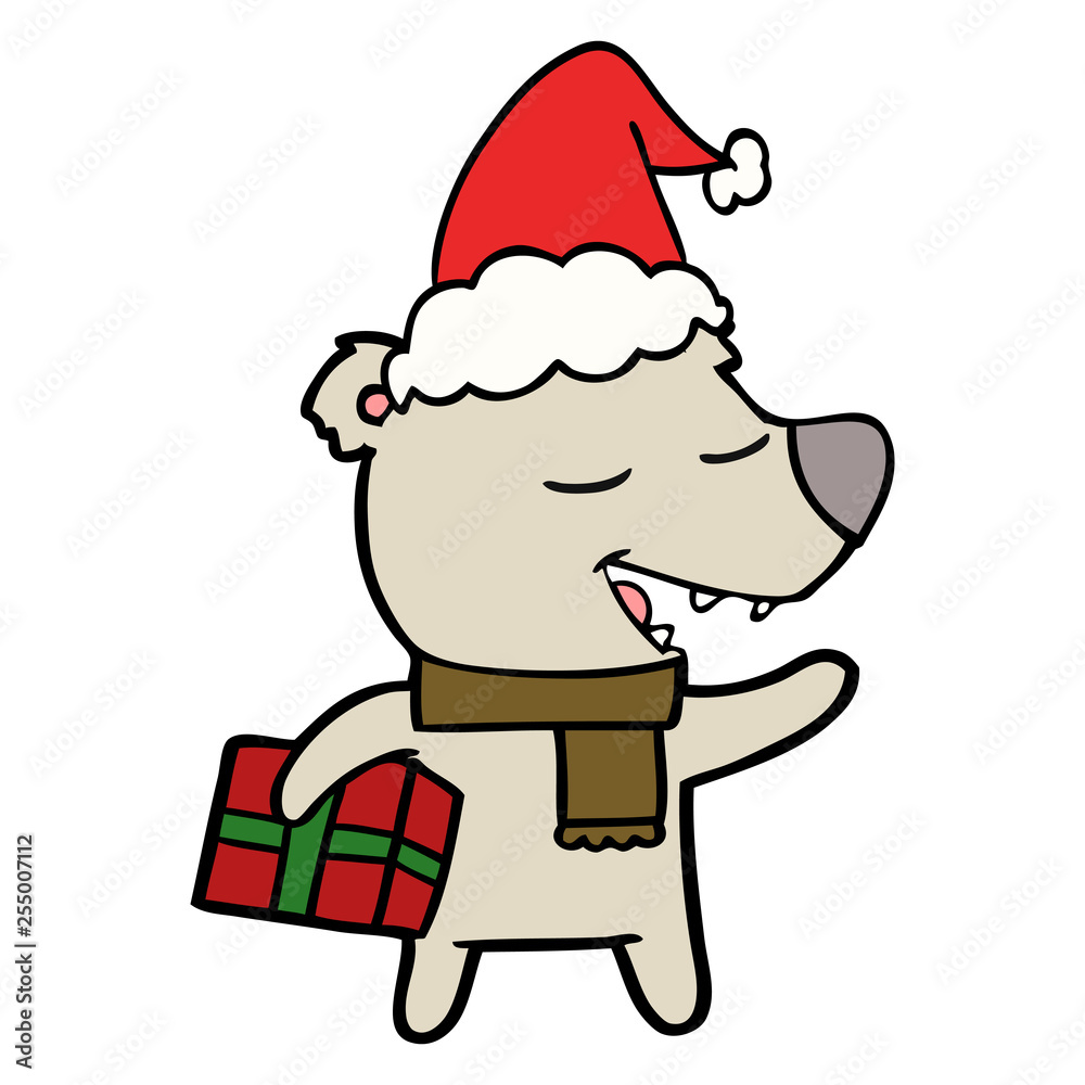 line drawing of a bear with present wearing santa hat
