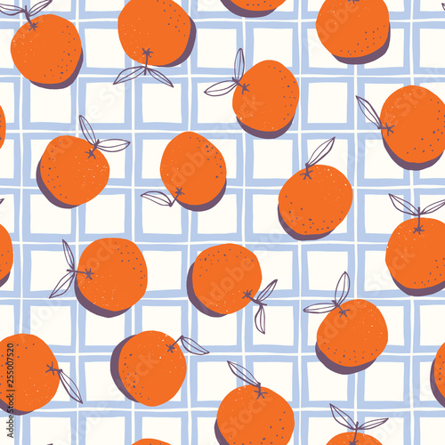 Whimsical hand-drawn doodle oranges and plaid vector seamless pattern background. Classic Summer Fruits Print
