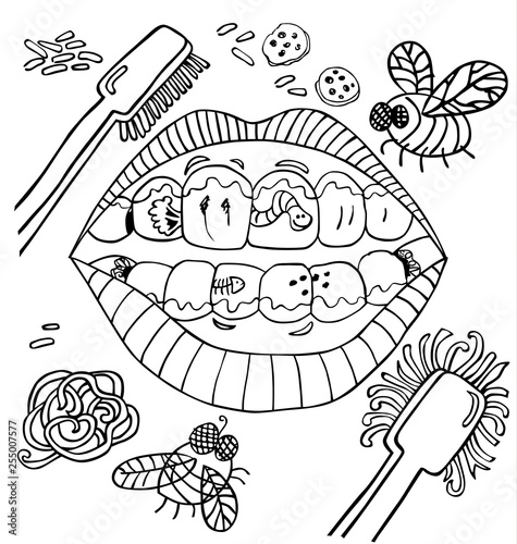 Vector dental hygiene humour with mouth showing dirty teeth with worms and plaque and vegetables. Black and white outlines.