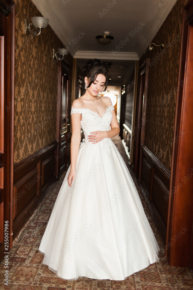 Beauty portrait of bride wearing fashion wedding dress with feathers with luxury delight make-up and hairstyle, studio indoor photo. Beauty portrait of bride wearing fashion wedding dress with feathers with luxury delight make-up and hairstyle, studio indoor photo.