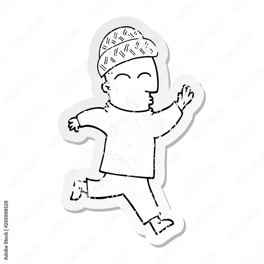distressed sticker of a cartoon man wearing hat distressed sticker of a cartoon man wearing hat
