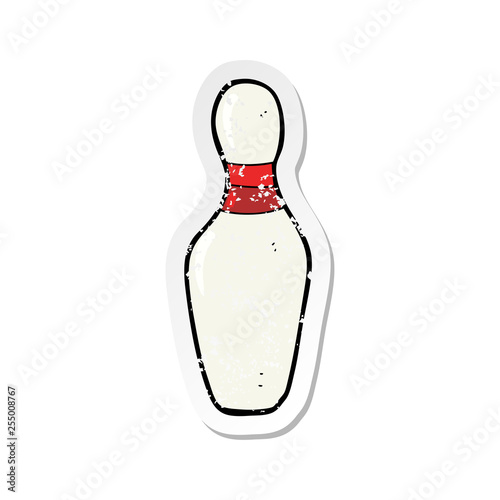 retro distressed sticker of a cartoon ten pin bowling skittle