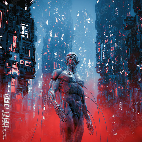 Legacy of carbon / 3D illustration of science fiction male humanoid cyborg lost in futuristic neon lit cyberpunk city