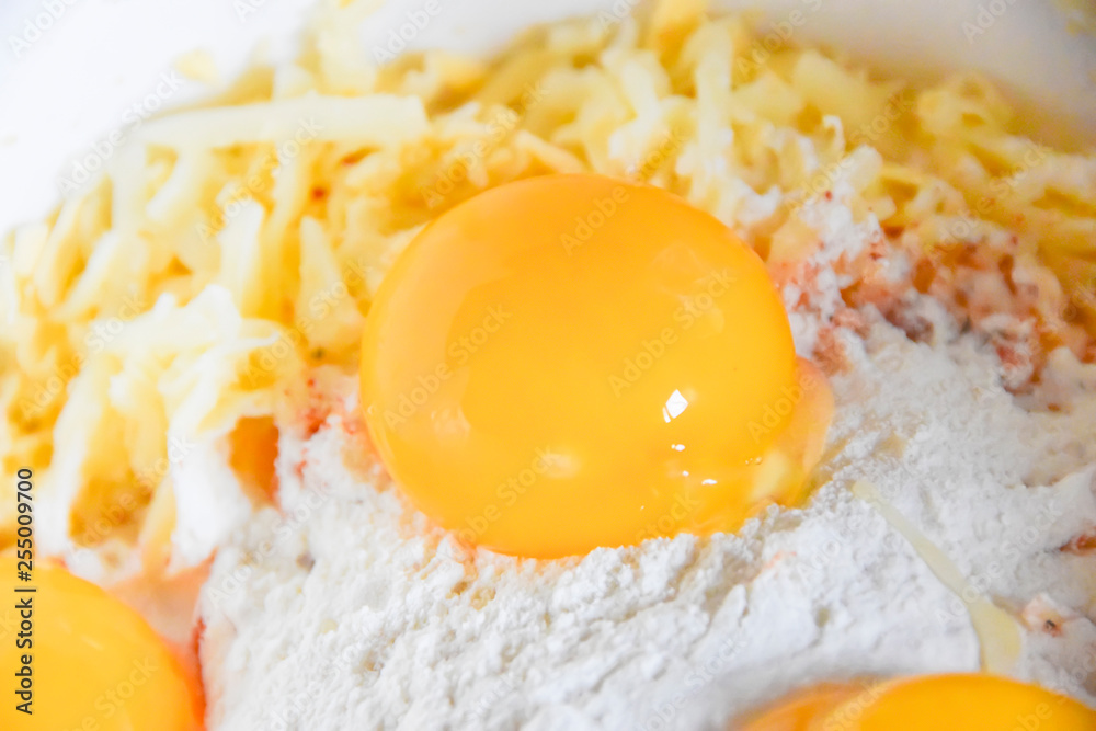 raw yolks lie on white flour cooking spices top view abstraction raw yolks lie on white flour cooking spices top view abstraction