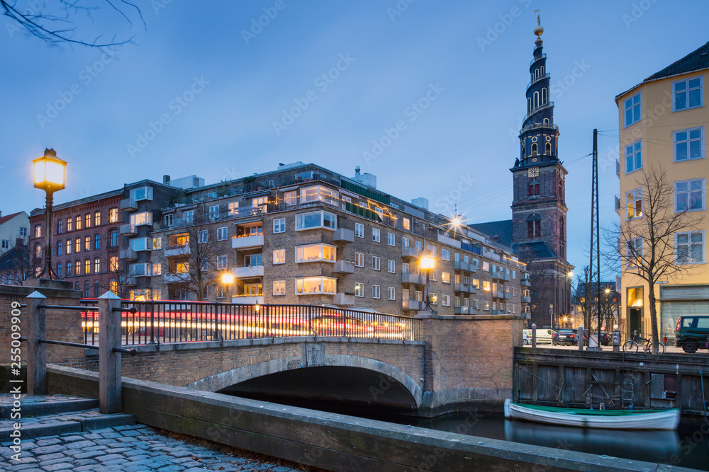 blue twilight with golden city lights on the bridge in Copenhagen in Denmark