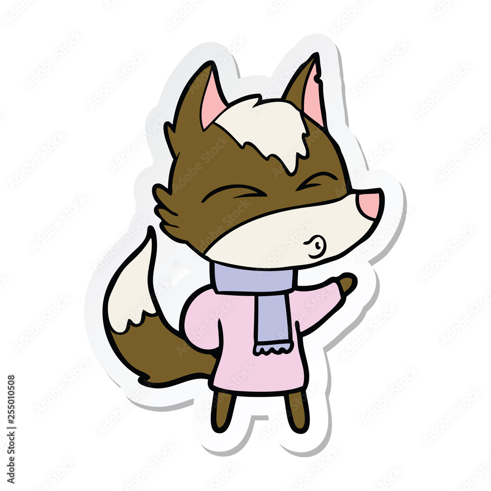 sticker of a cartoon wolf in winter clothes sticker of a cartoon wolf in winter clothes