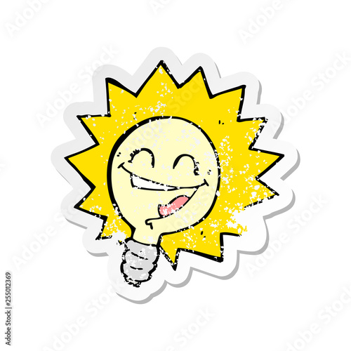 retro distressed sticker of a happy light bulb cartoon