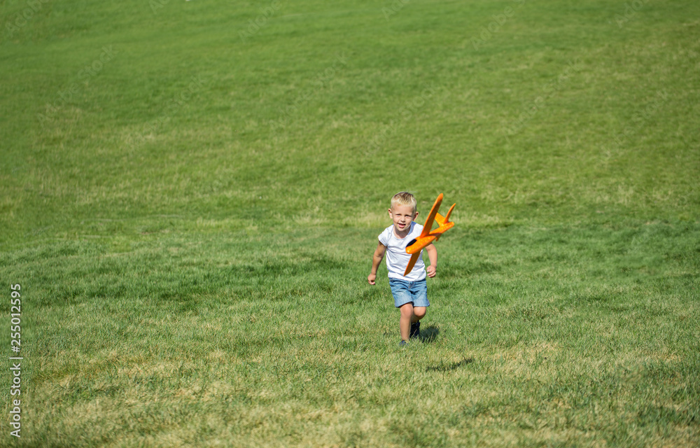 Fototapeta premium Young boy playing airplane on the meadow