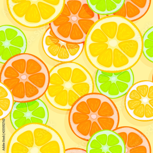 Bright appetizing seamless tropical background. Oranges, lemons, limes and grapefruits. Slices of tropical fruits on a light background.Eps10 Vector