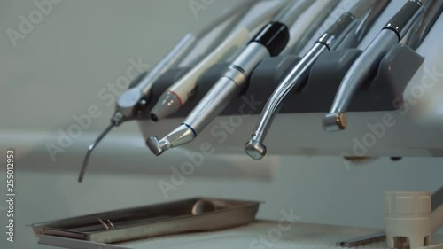 Close-up dentist equipment at camera. 4K