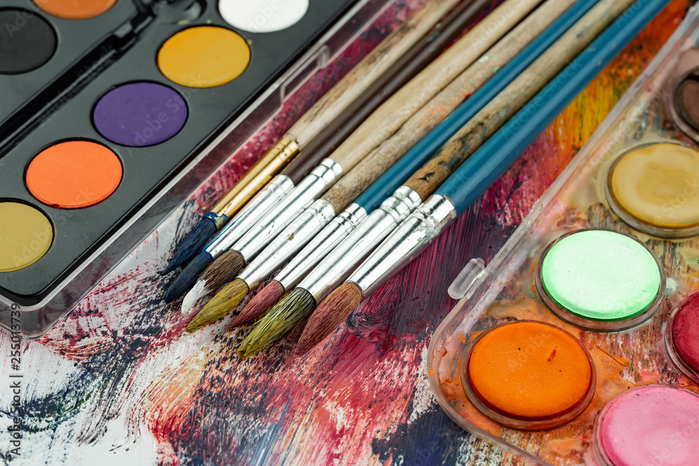 Obraz premium Paint brushes and paints for drawing.