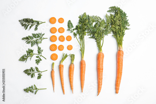 Flat lay composition with ripe fresh carrots on white background photo