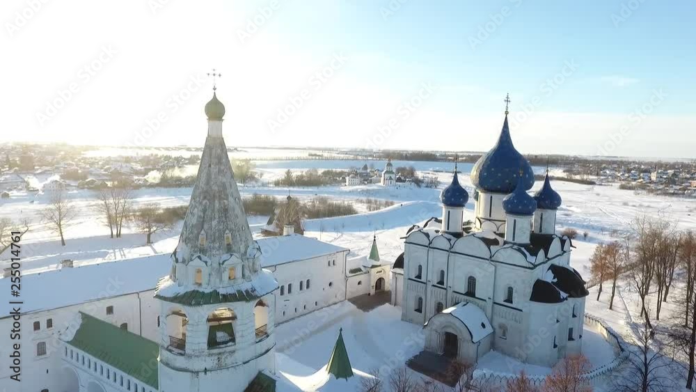 A birds eye view on trading rows and the Church of the city of Suzdal. Winter. Much snow. A birds eye view on trading rows and the Church of the city of Suzdal. Winter. Much snow.