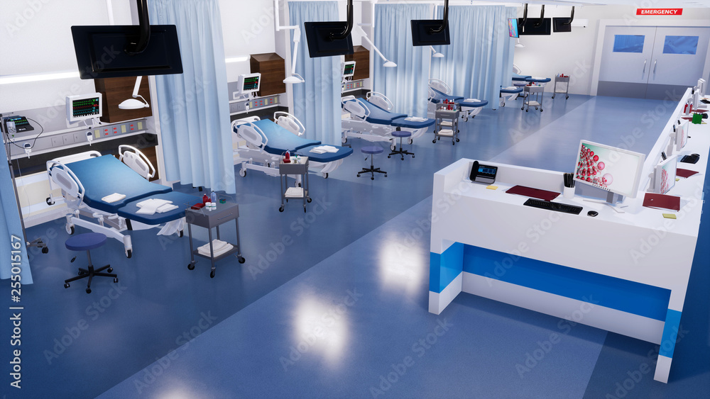 Interior of emergency room in modern clinic with empty hospital beds ...