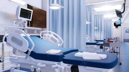 Close-up of empty hospital bed and various first aid medical equipment in emergency room of modern clinic. With no people 3D illustration on health care theme from my own 3D rendering file.