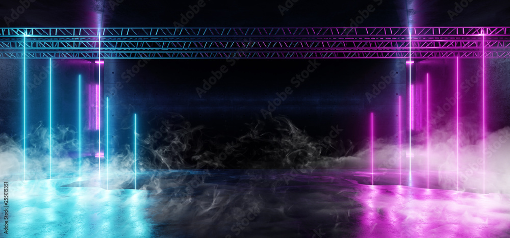 Smoke Background Sci Fi Neon Vertical Futuristic Alien Spaceship Dance Stage  Glowing Purple Pink Blue Ultraviolet Fluorescent Laser Led Lights On Grunge  Dark Concrete Reflective 3D Rendering Stock Illustration | Adobe Stock
