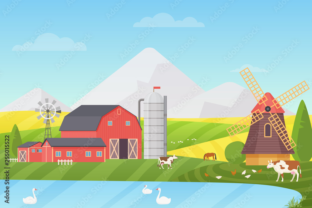 Agriculture, Agribusiness and Farming vector illustration concept. Rural cartoon landscape with animals and buildings.