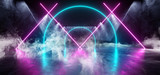 Smoke Background Sci Fi Neon Triangle Futuristic Alien Spaceship Dance Stage Glowing Purple Pink Blue Ultraviolet Fluorescent Laser Led Lights On Grunge Dark Concrete Reflective 3D Rendering