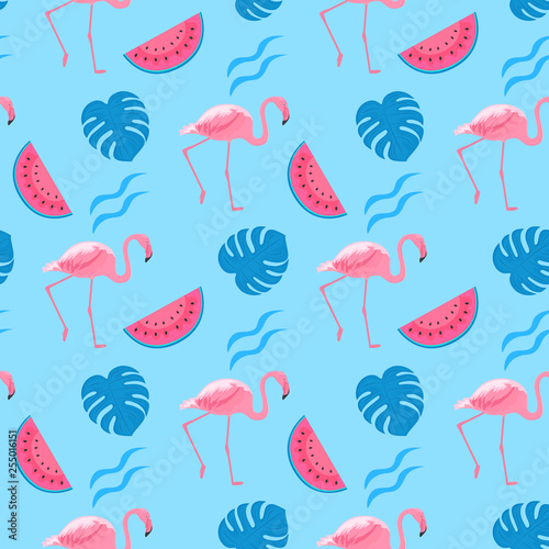 Trendy seamless pattern with tropical pink flamingos, watermelon slices and monstera leaves. Exotic jungle background