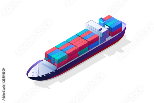 Isometric cargo ship container in the ocean transportation. illustration vector