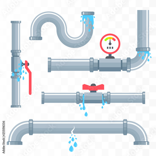 Leaking pipes. Broken pipeline. Vector 