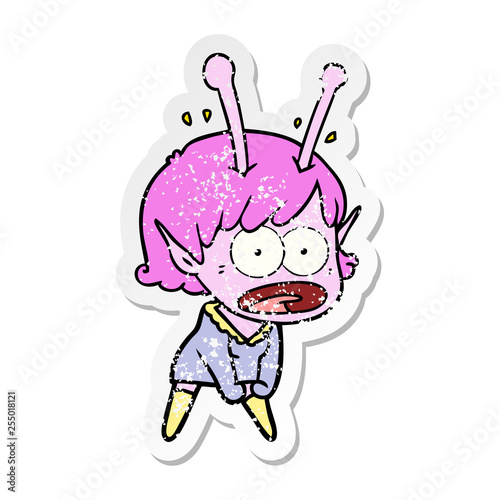 distressed sticker of a cartoon shocked alien girl