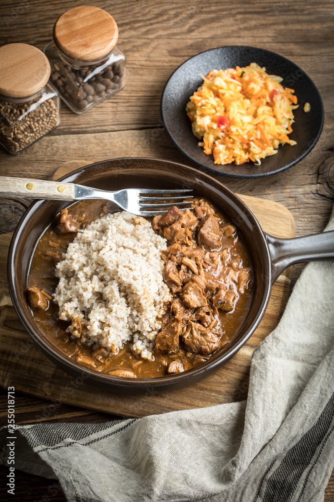 Barley groats with stewed meat. Barley groats with stewed meat.