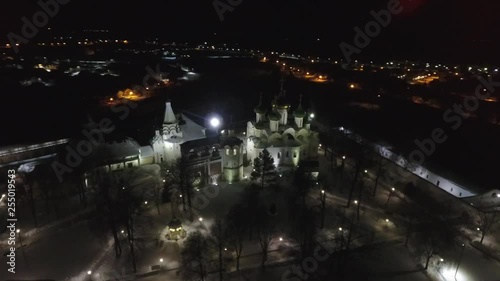 Spinning around the amazing domes with stars of the Cathedral of the Navity of the Blessed Virgin (1222) at the Suzdal Kremlin (10 century). Aerial photo