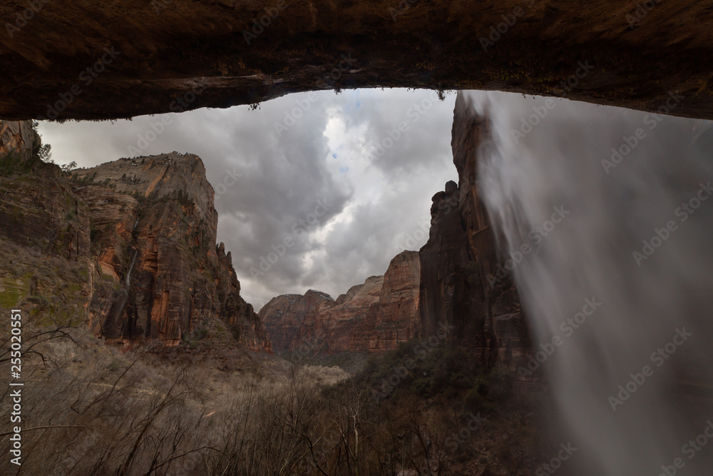 A rainy day in March brings extra water pouring over the waterfall at Weeping rock in Zion national park Utah. 