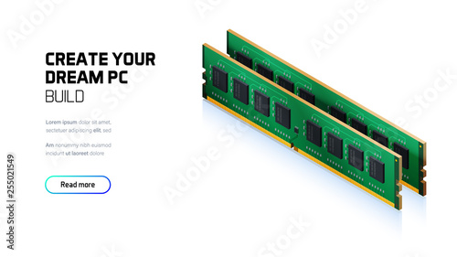 RAM memory realistic 3d isometric illustration, personal computer hardware components, custom gaming and workstation accessories, pc store and service