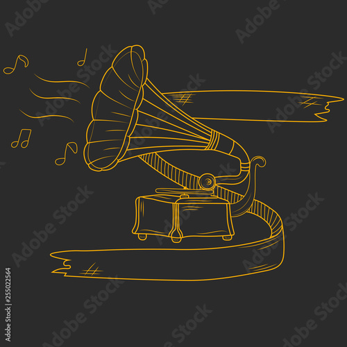 Hand drawn old gramophone isolated on black background. Vector illustration. Antique phonograph. Poster or t-shirt design. Sketch style. Chalk board.