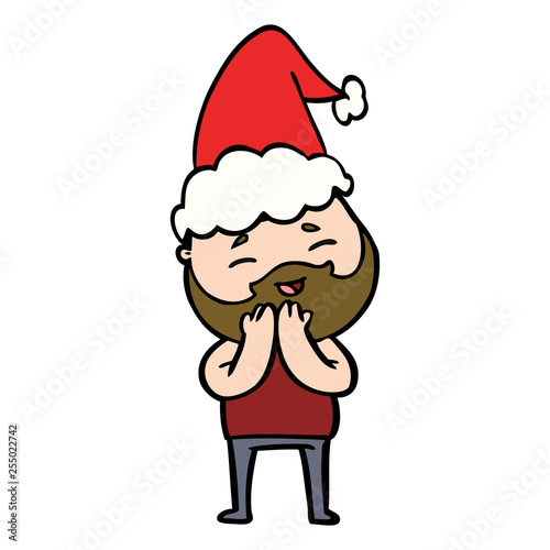 line drawing of a happy bearded man wearing santa hat