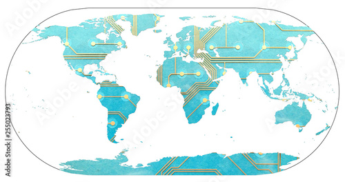 World map with continents filled by printed circuit board. The concept of digital world, connected world and overwhelming use of computers, electronics and internet.