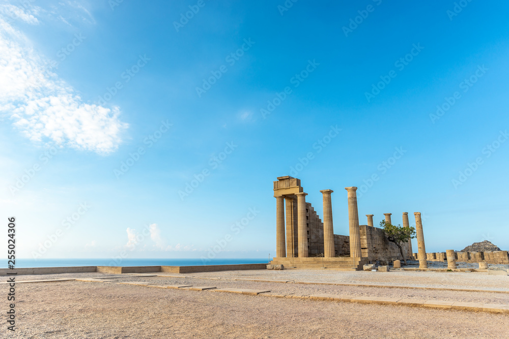 View of an ancient pillars of the acropolis of Lindos