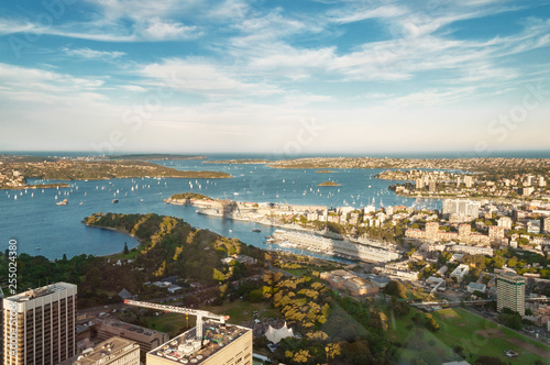Aerial view of Sydney Harbour, Woolloomooloo and Royal Botanic Garden in view