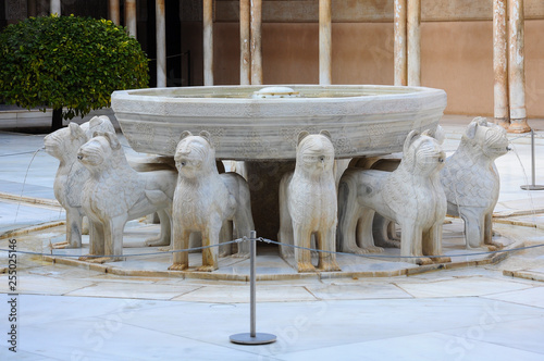 Lion Fountain, famous Moorish art in the Nasrid Palaces of the Alhambra. Granada, Spain